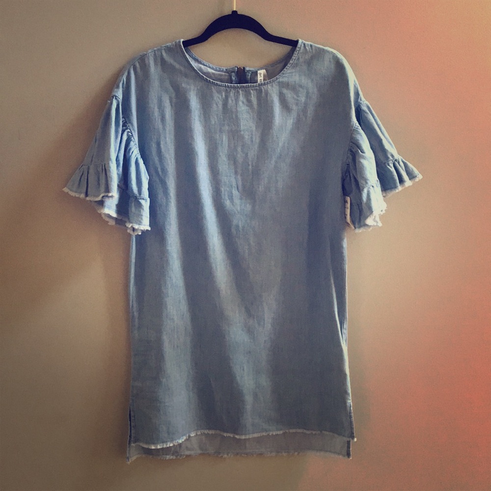 Denim Hi-low Dress with Ruffled Sleeves